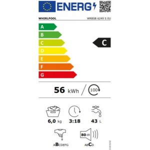 Whirlpool WRBSS 6249 S EU Elöltöltős mosógép C Energiaosztály, 6 kg, Keskeny mélység, 1200 fordulat/perc