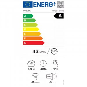 Gorenje WPNEI74ASWIFI Elöltöltős mosógép A Energiaosztály, 7 kg, Keskeny mélység, 1400 fordulat/perc, Centrifugálási zajszint: 76 dB, Inverter motorral, Gőzfunkcióval