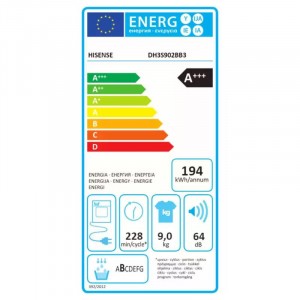 Hisense DH3S902BB3 Hőszivattyús szárítógép A+++,9 kg,64 dB, Inverter motor